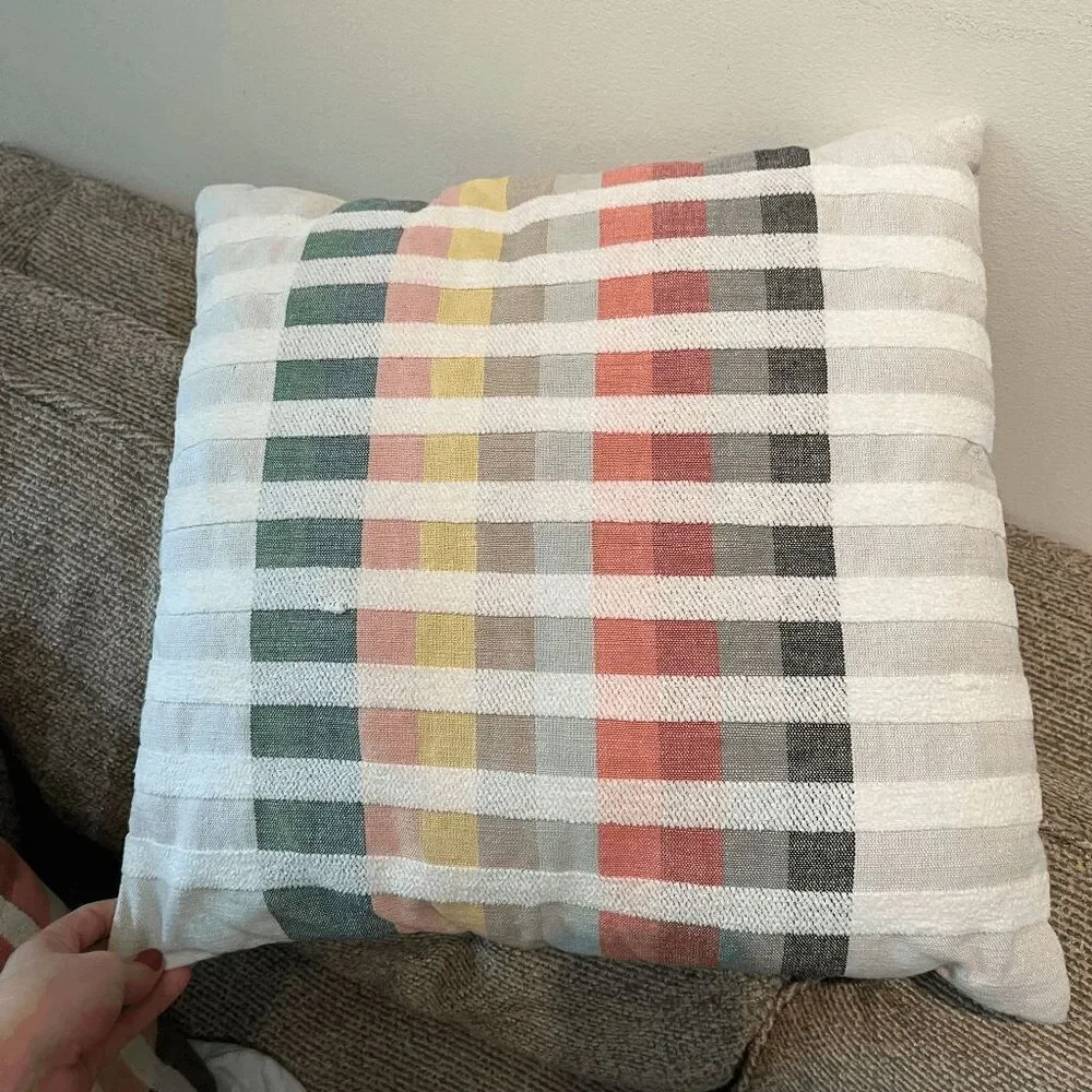 Set 2 Modern Woven Throw Pillows 18x18 Multicolor Grid Pattern Scandi MCM